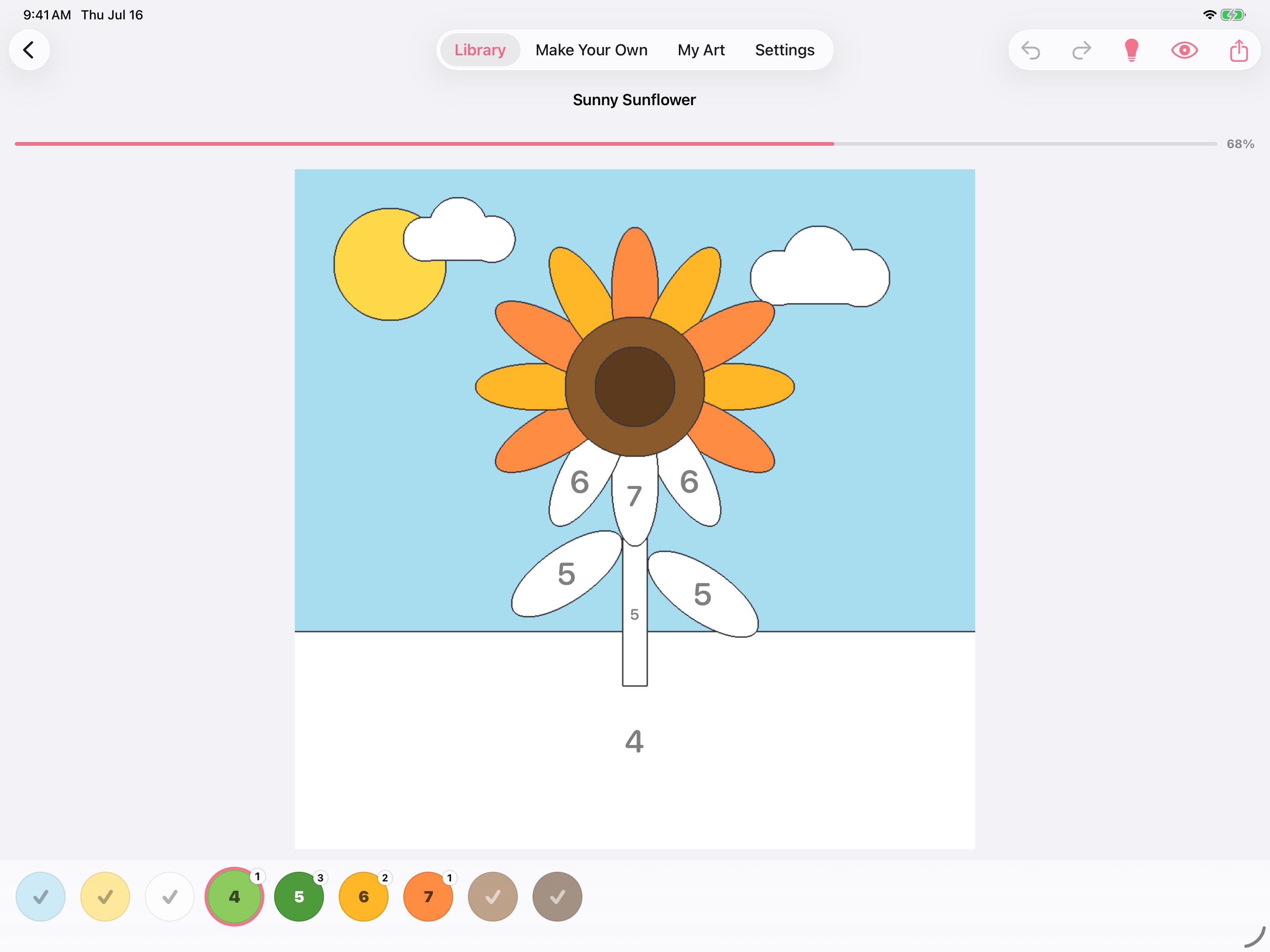 iPad landscape canvas view of the Sunny Sunflower coloring page — partially colored with a numbered color palette along the bottom, showing the full wide canvas experience