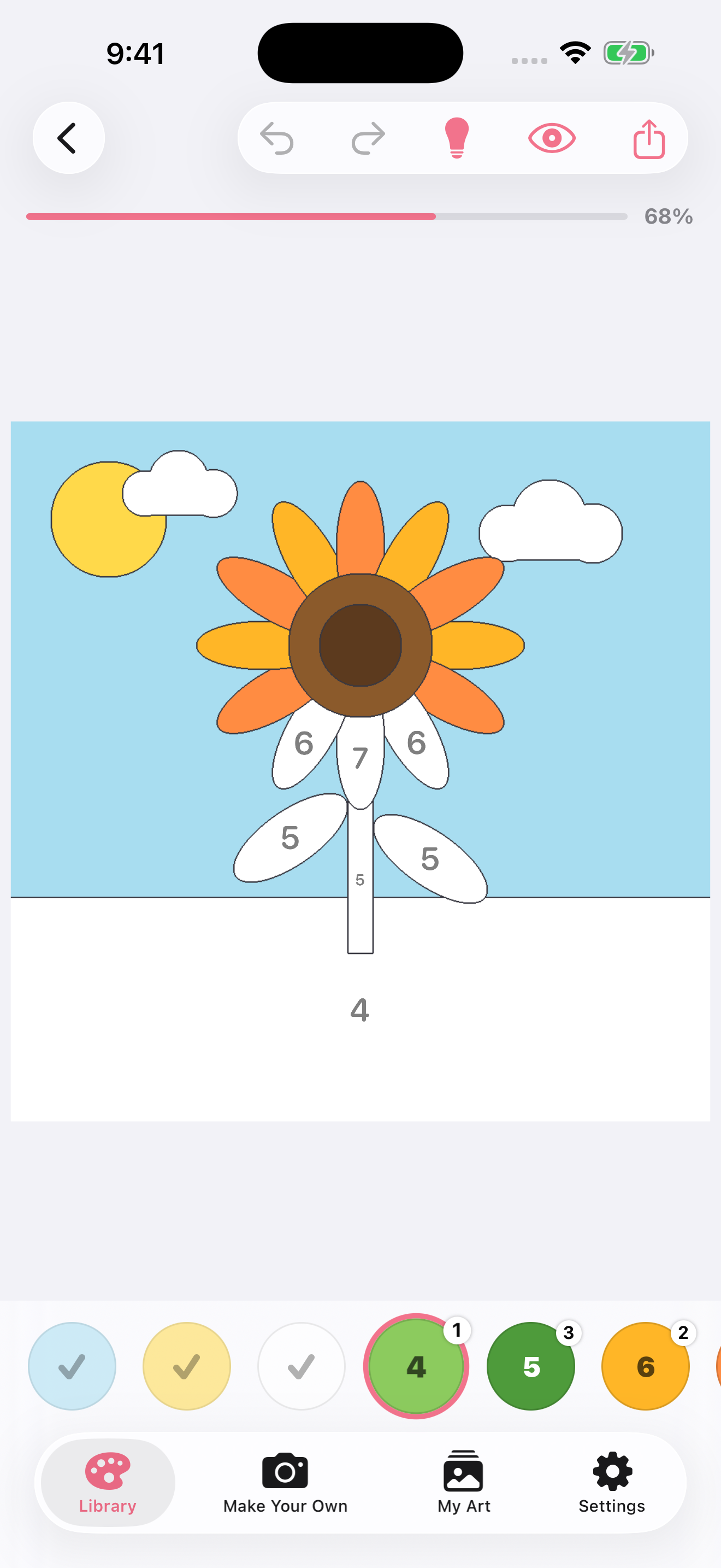 Coloring a Sunny Sunflower in progress — 68% complete, with numbered color palette at the bottom