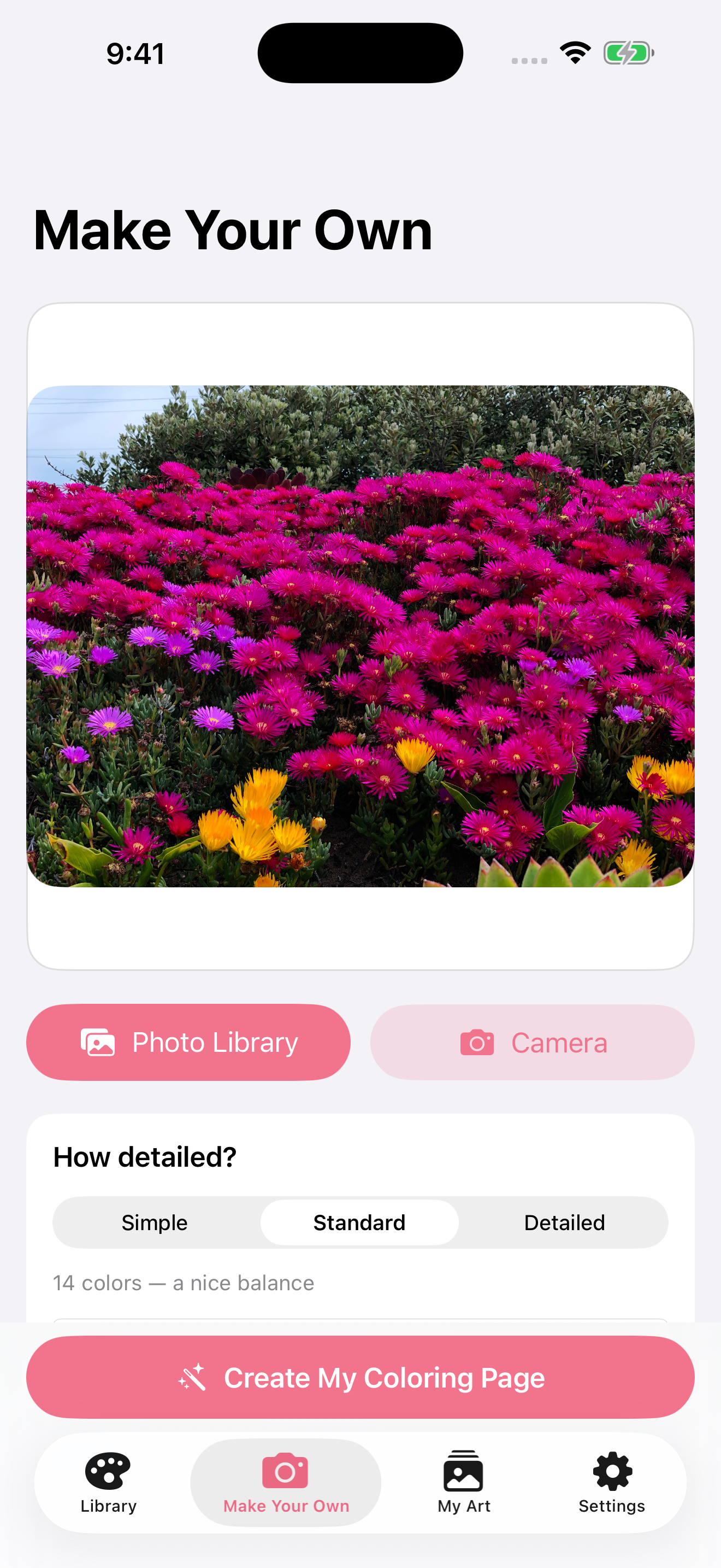 Make Your Own screen with a vibrant flower photo selected, detail level picker showing Standard — 14 colors, and Create My Coloring Page button