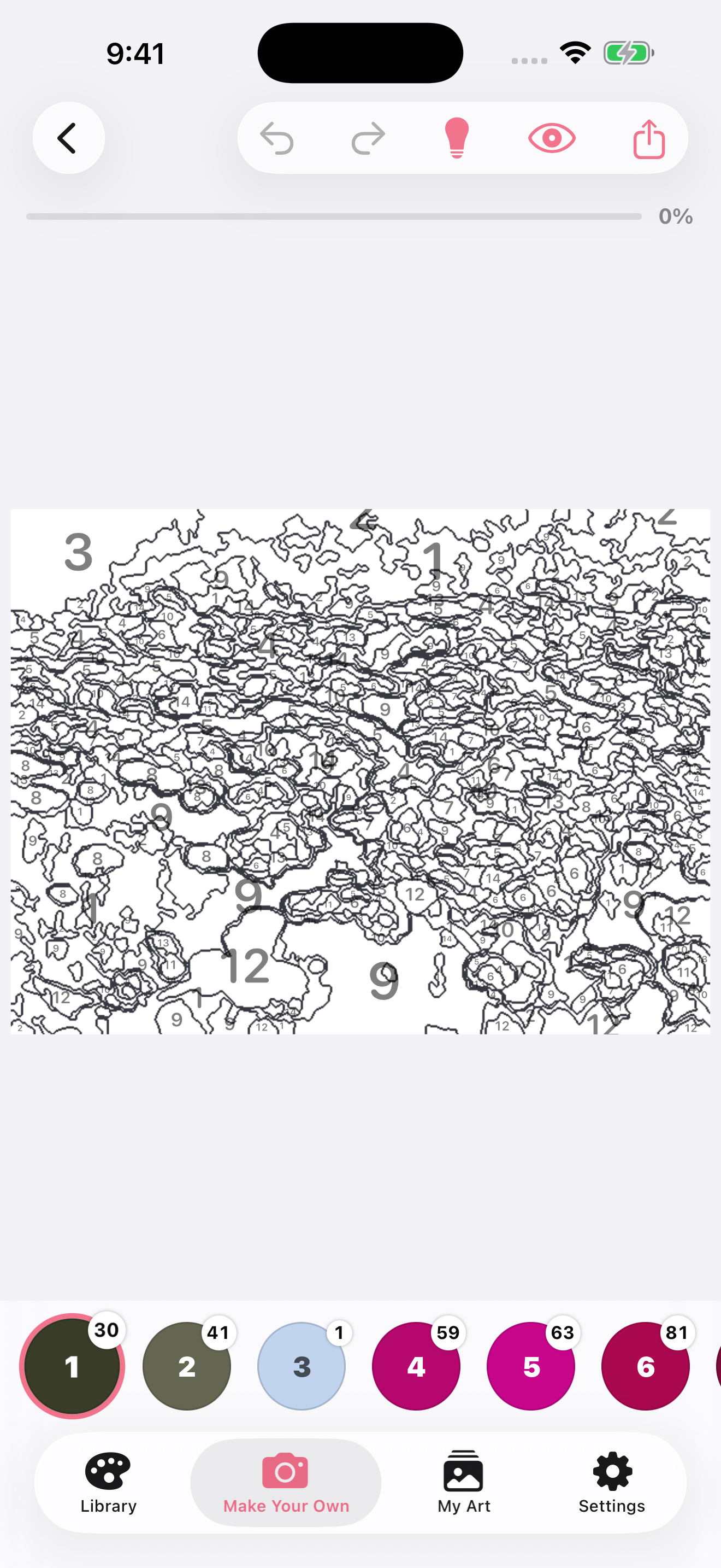 Generated coloring page from the flower photo — intricate numbered outline ready to fill in, showing the Make Your Own feature result