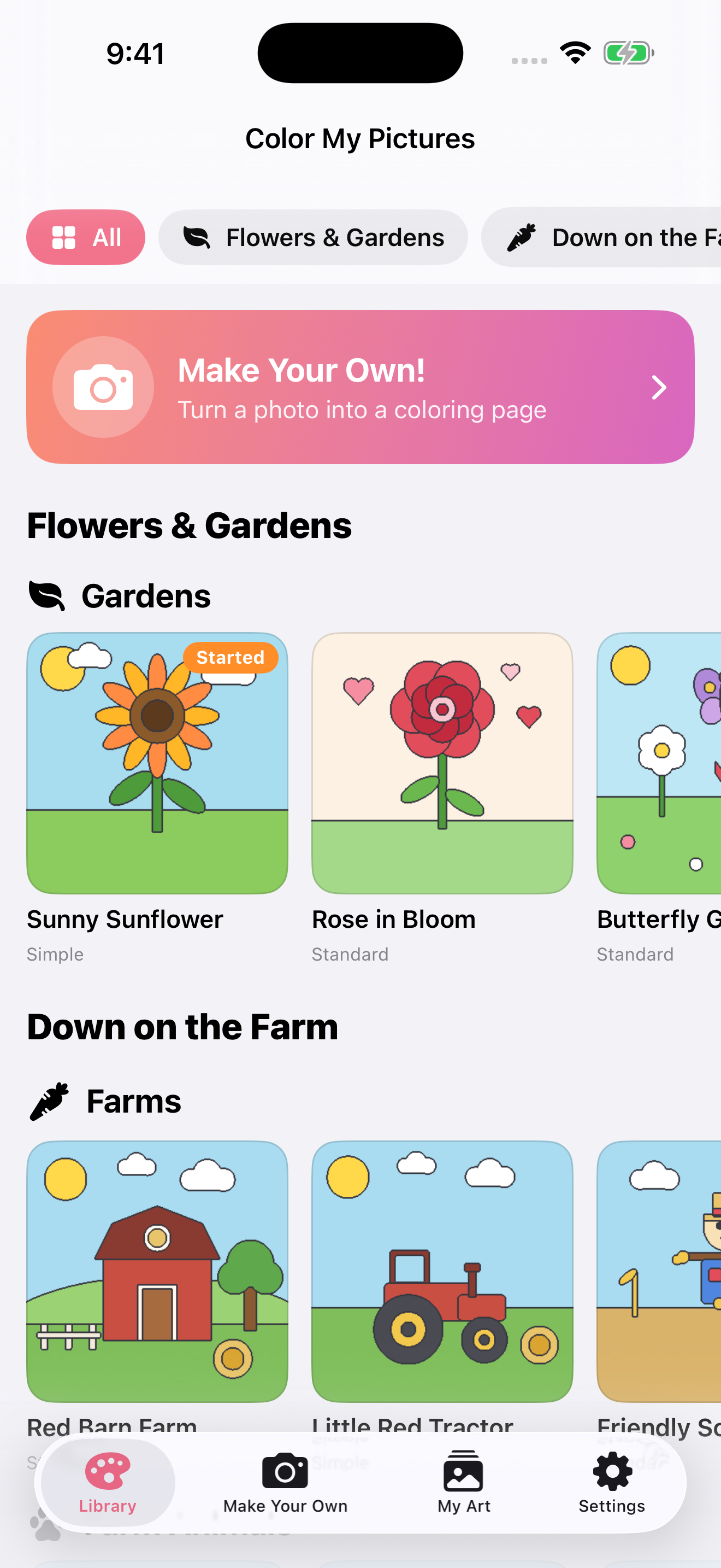 Color My Pictures library showing themed pages organized by Flowers & Gardens, Down on the Farm, and more