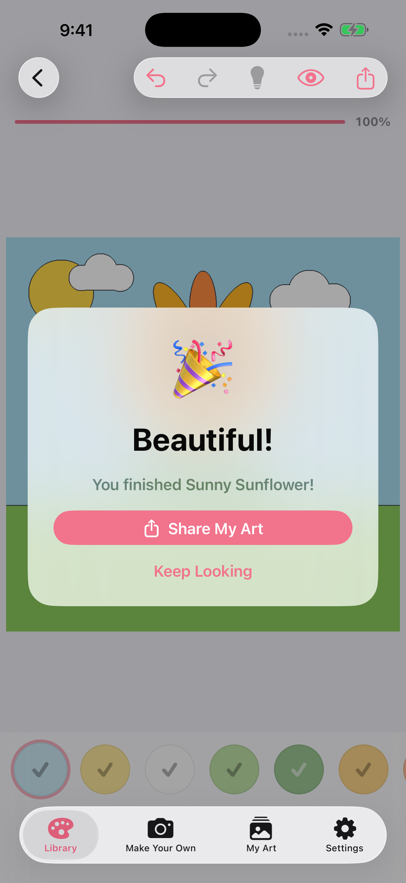 Completion celebration screen reading 'Beautiful! You finished Sunny Sunflower!' with confetti, a Share My Art button, and a Keep Looking option