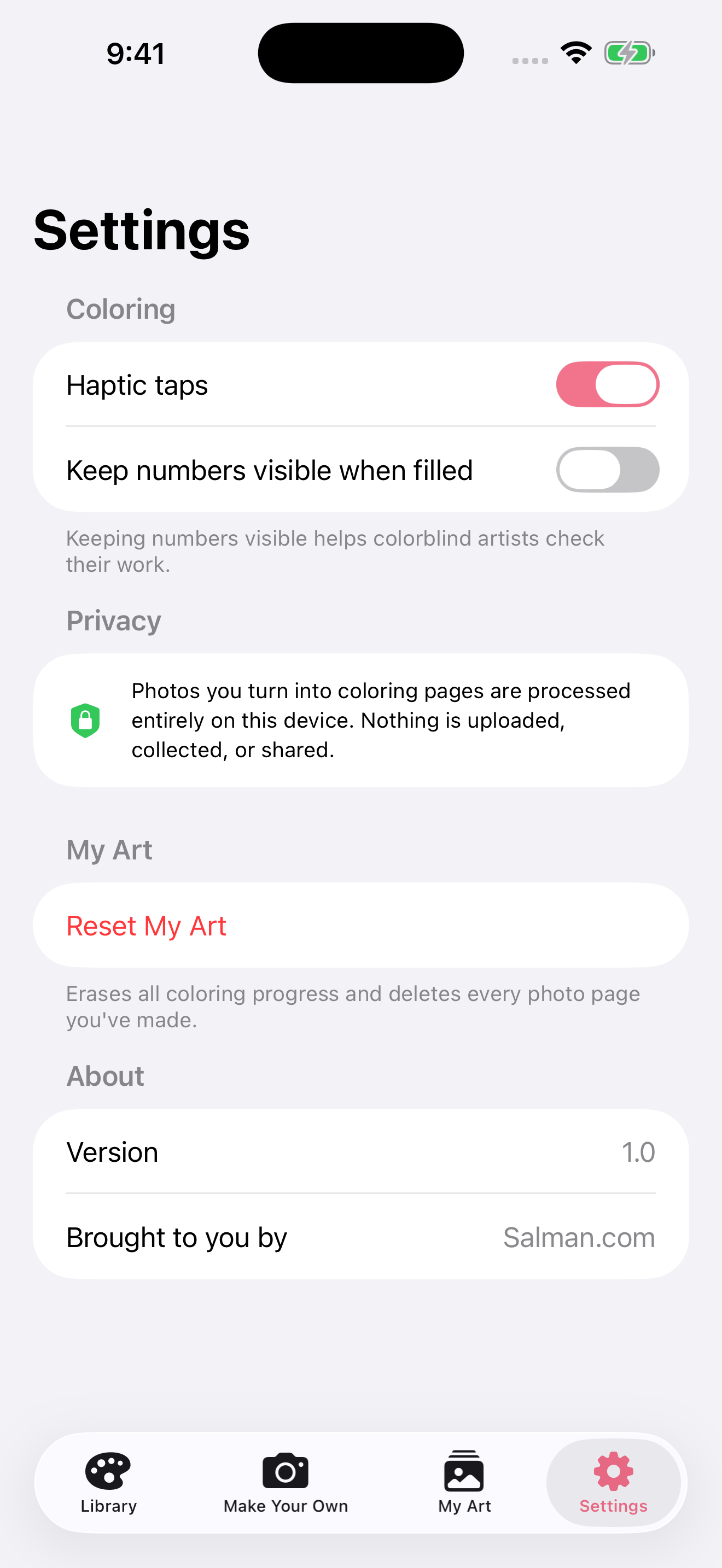 Settings screen showing Haptic taps toggle, Keep numbers visible accessibility option, the on-device privacy notice, Reset My Art option, and Version 1.0 brought to you by Salman.com