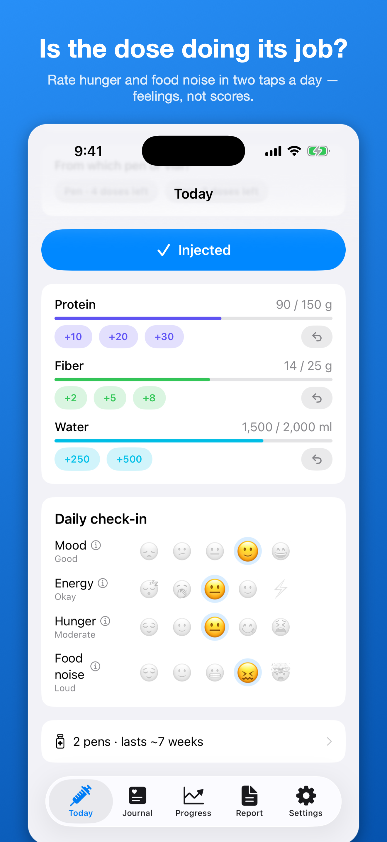 GLPrivate daily check-in screen asking 'Is the dose doing its job?' with mood, energy, hunger, and food noise sliders