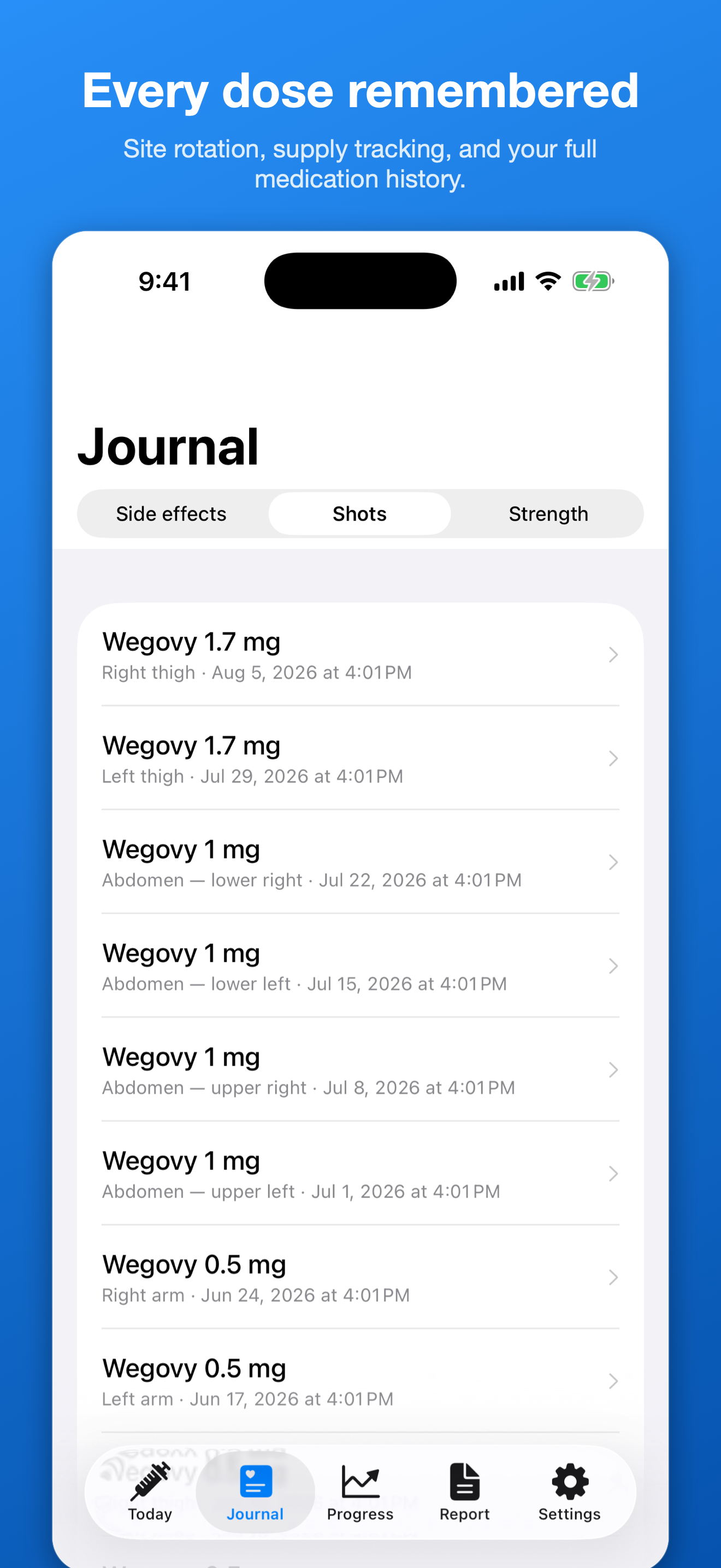 Shot log and injection-site body map