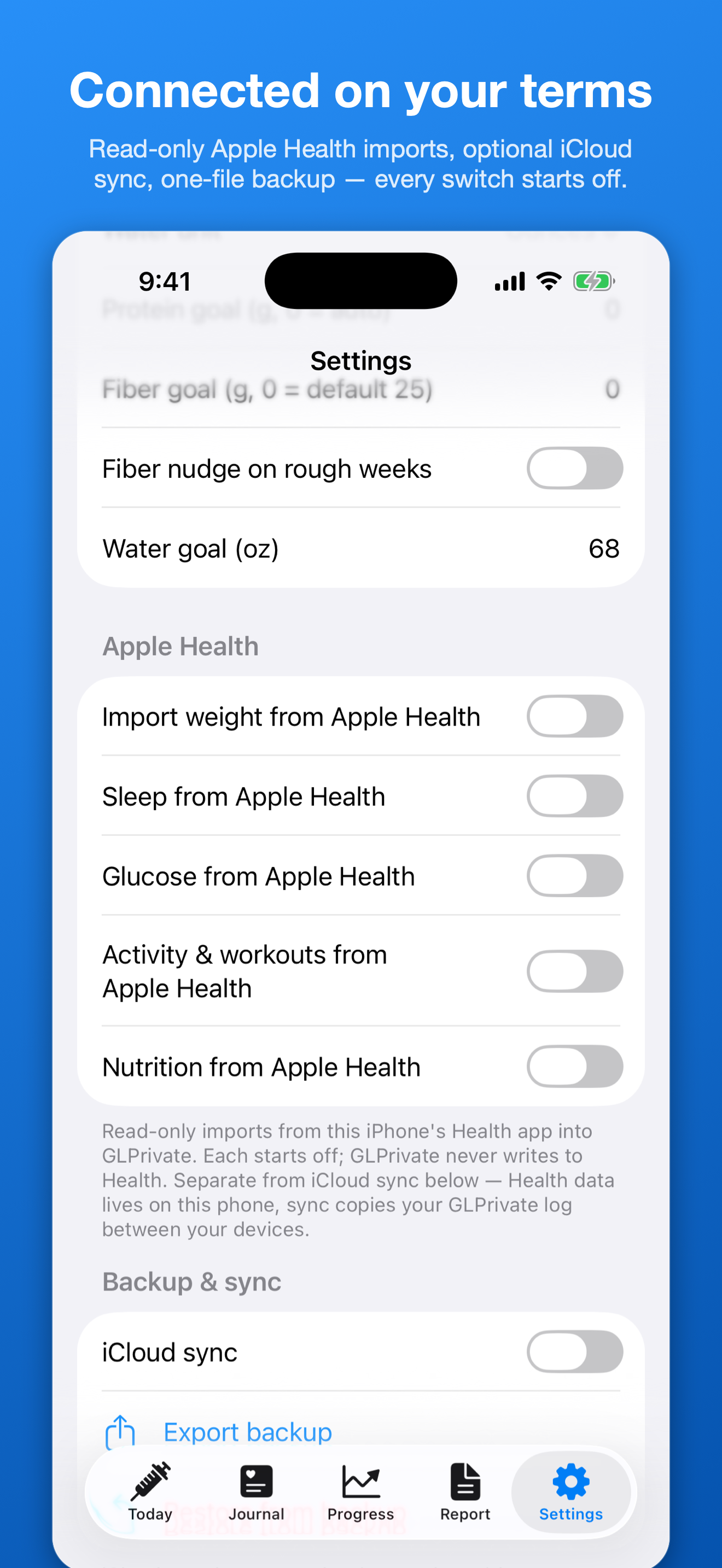 GLPrivate settings screen titled 'Connected on your terms' showing Face ID app lock, optional iCloud sync, and export/backup controls
