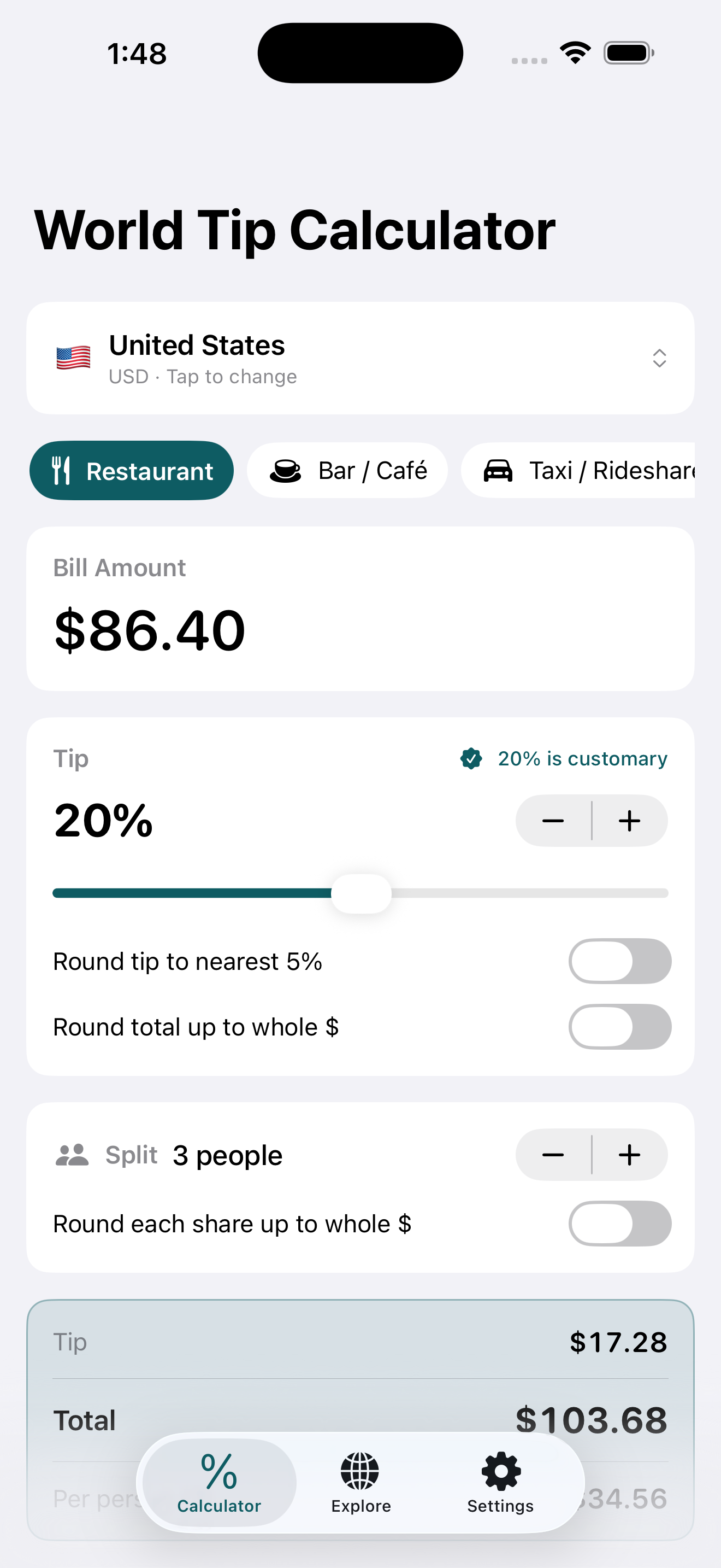 World Tip Calc restaurant bill of $86.40 in the United States with a 20% tip, rounding toggles, and a 3-way split