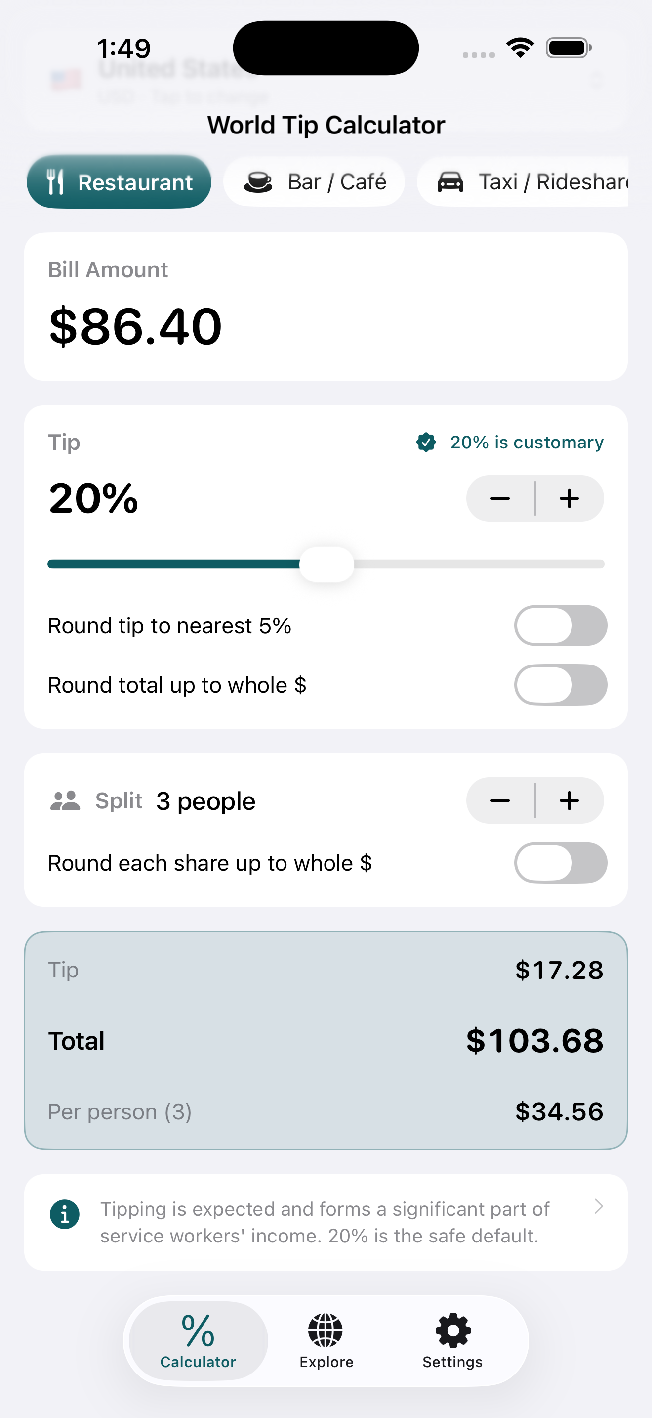 World Tip Calc showing a $86.40 restaurant bill in the United States with a 20% customary tip, split 3 ways to $34.56 per person
