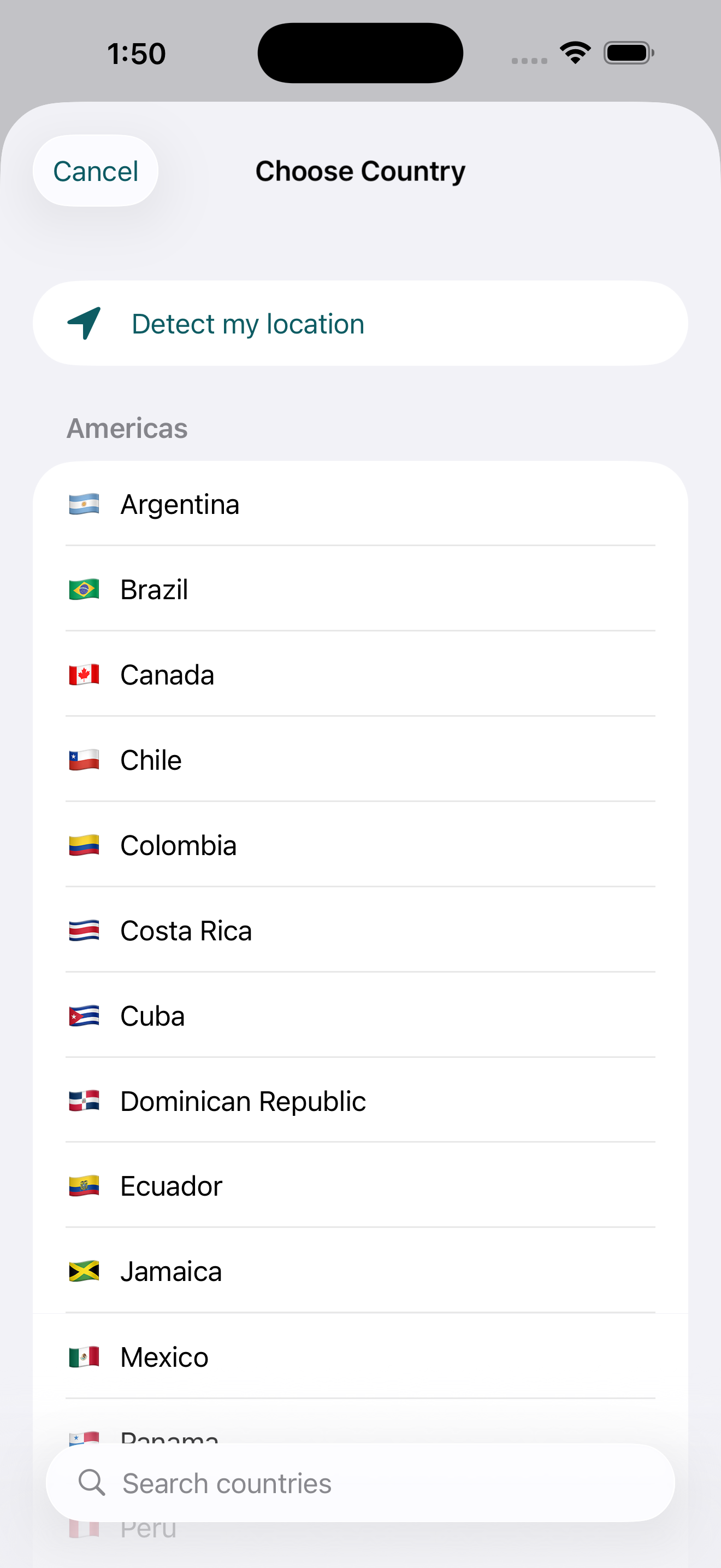 Choose Country sheet with a Detect My Location option and countries grouped by region with a search field