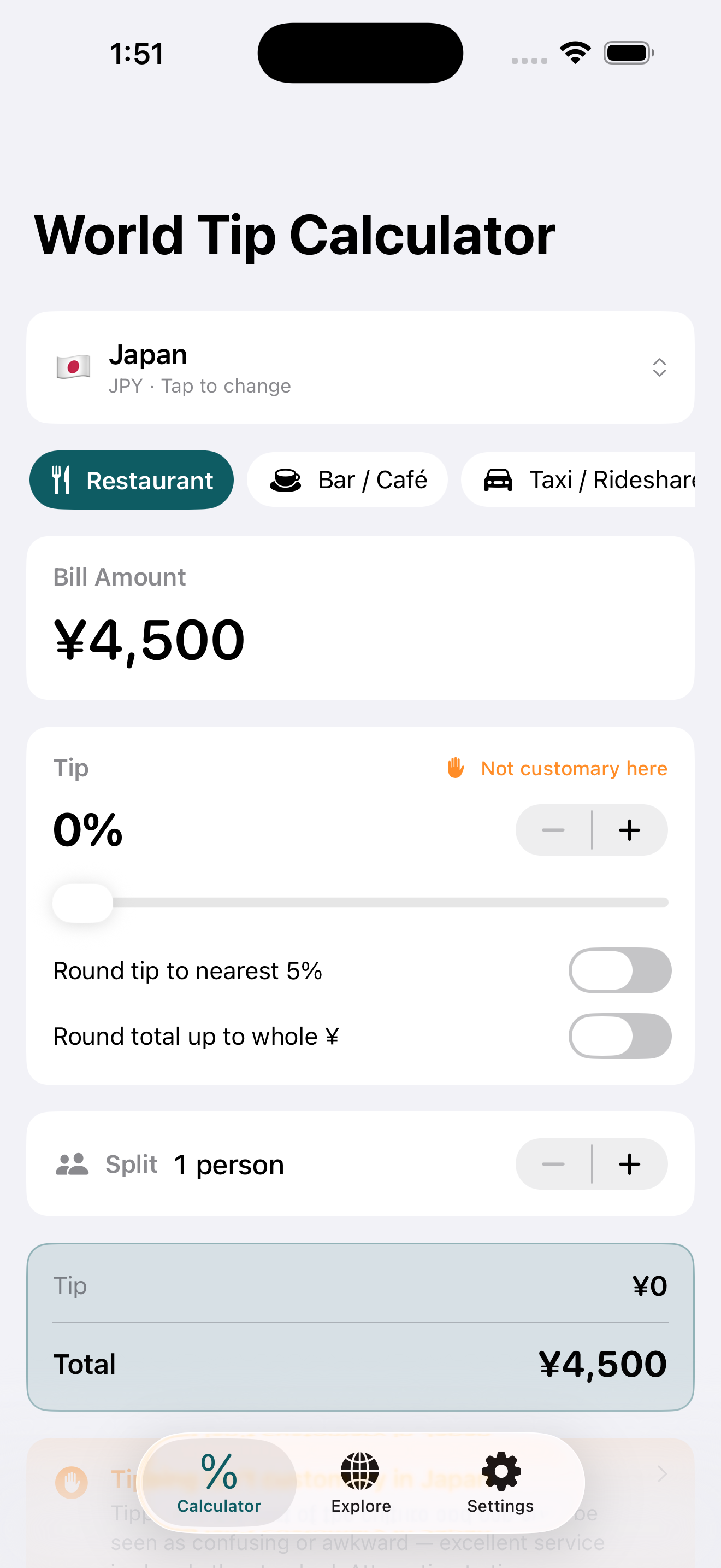 World Tip Calc showing Japan selected with a 0% tip and a 'Not customary here' notice