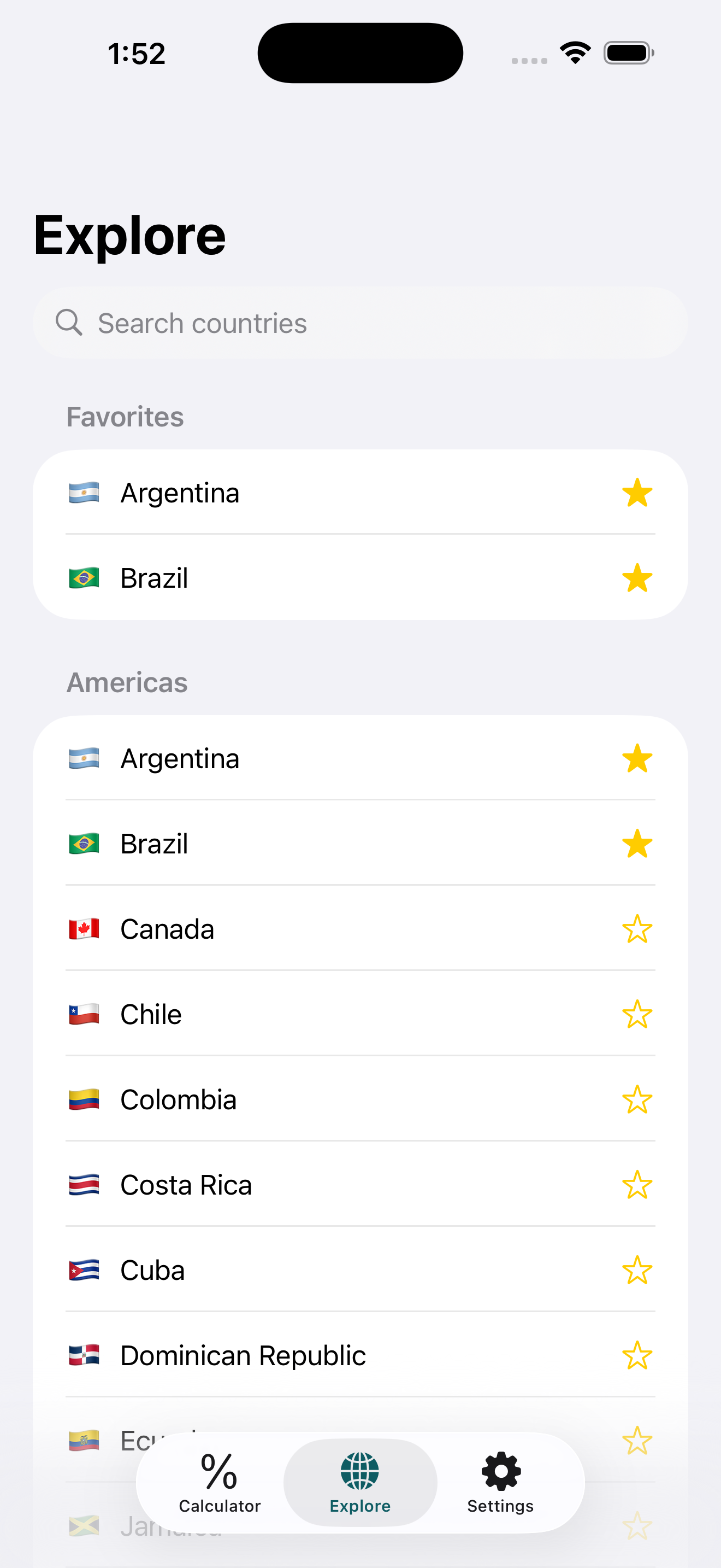 Explore tab with a searchable list of countries grouped by region, starred favorites like Argentina and Brazil pinned to the top
