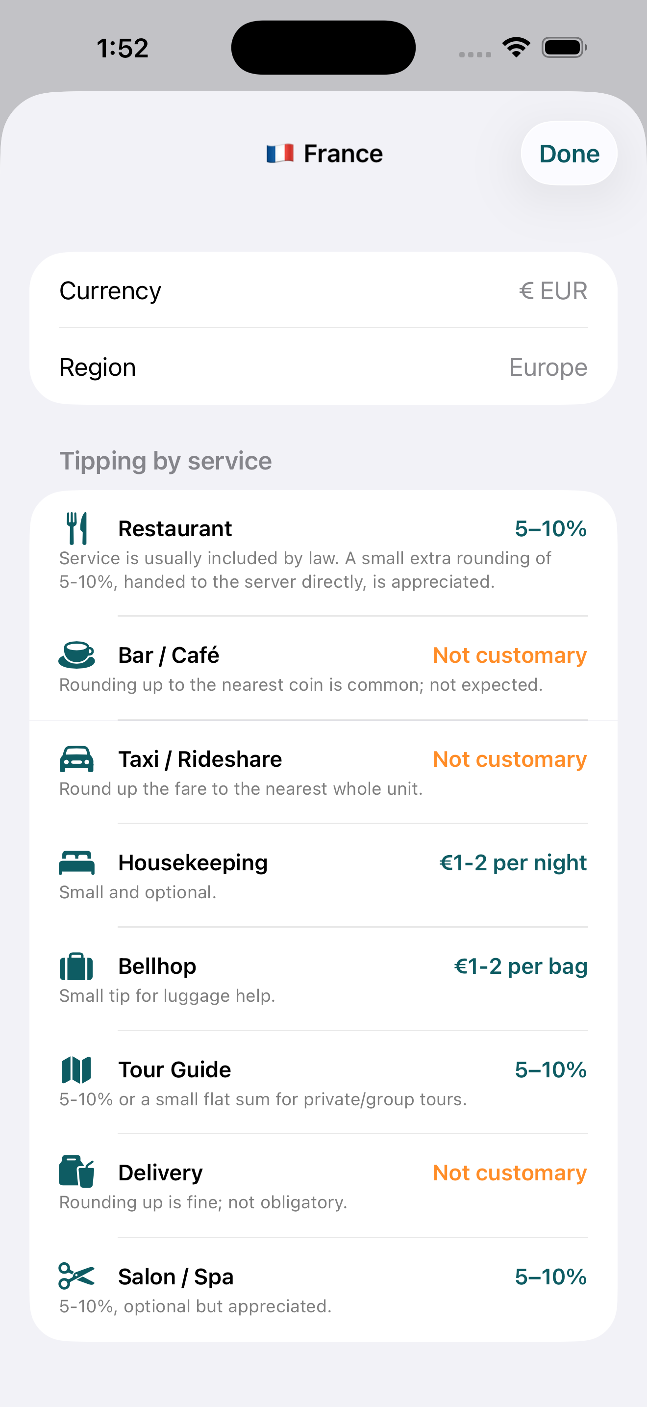France tipping-by-service detail sheet showing Restaurant 5–10%, Bar/Café not customary, Taxi/Rideshare not customary, Housekeeping €1-2 per night, Bellhop €1-2 per bag, Tour Guide 5–10%, Delivery not customary, and Salon/Spa 5–10%