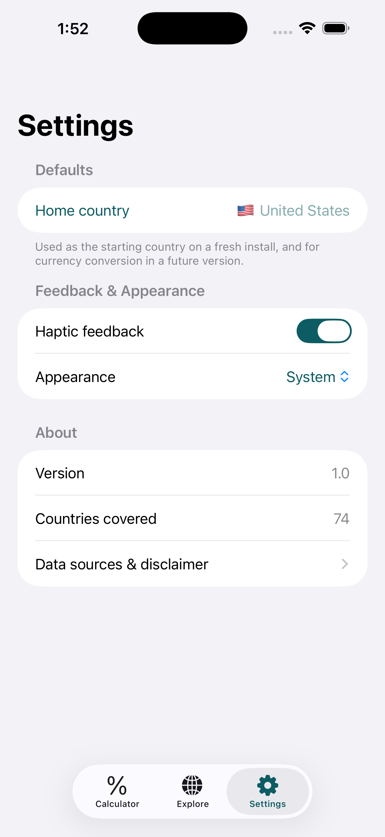 Settings screen showing home country, haptic feedback toggle, appearance picker, and app version details